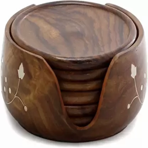 Round Wooden Coaster Set with holder-  (6 pcs Coaster and 1 holder), Model EW015 and EW016- (Copy)